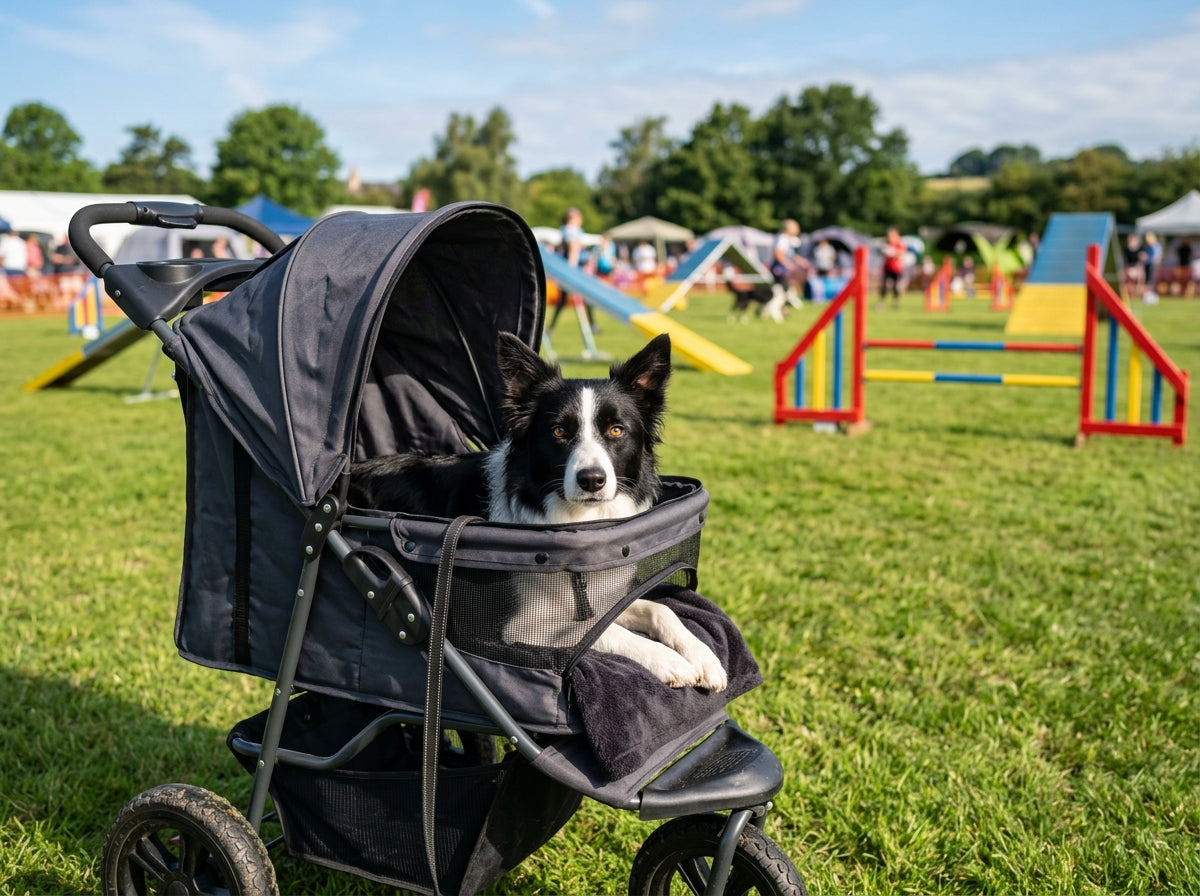 Athletic Border Collie resting calmly inside a dark grey pet stroller next to an outdoor agility competition ring.