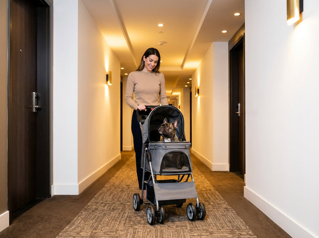 A pet owner pushing a modern pet stroller with a reversible handle down a clean, carpeted high-rise apartment hallway.