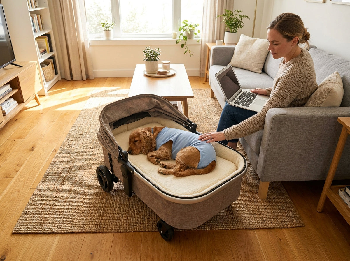A recovering dog wearing a soft blue recovery suit resting peacefully inside a detachable stroller cabin on a living room rug.