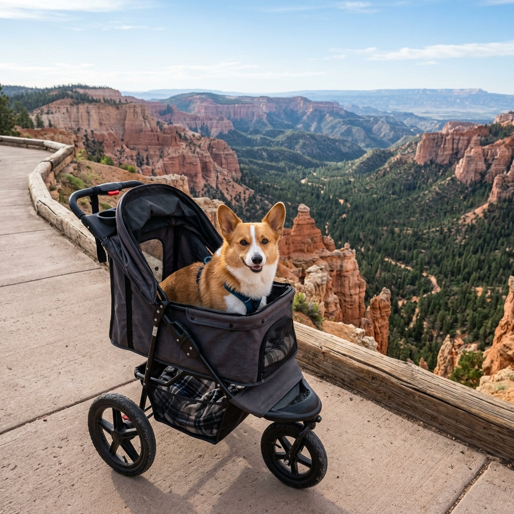 Happy Pembroke Welsh Corgi sitting inside a dark grey 3-wheel pet stroller overlooking a sunny national park canyon vista.
