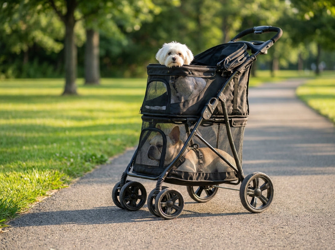 Double pet stroller with two separate tiered compartments on a sunny suburban sidewalk with two small dogs.