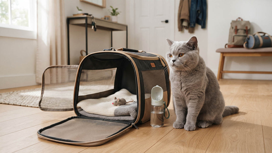 Silver British Shorthair beside a cat travel carrier