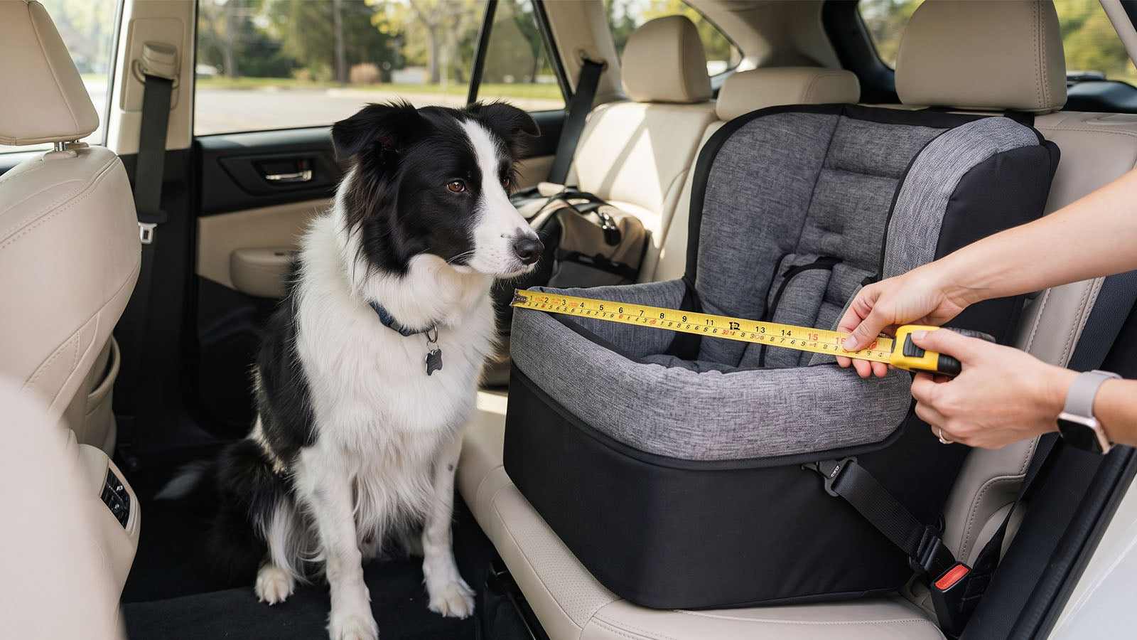Border Collie in a dog car seat inside an SUV