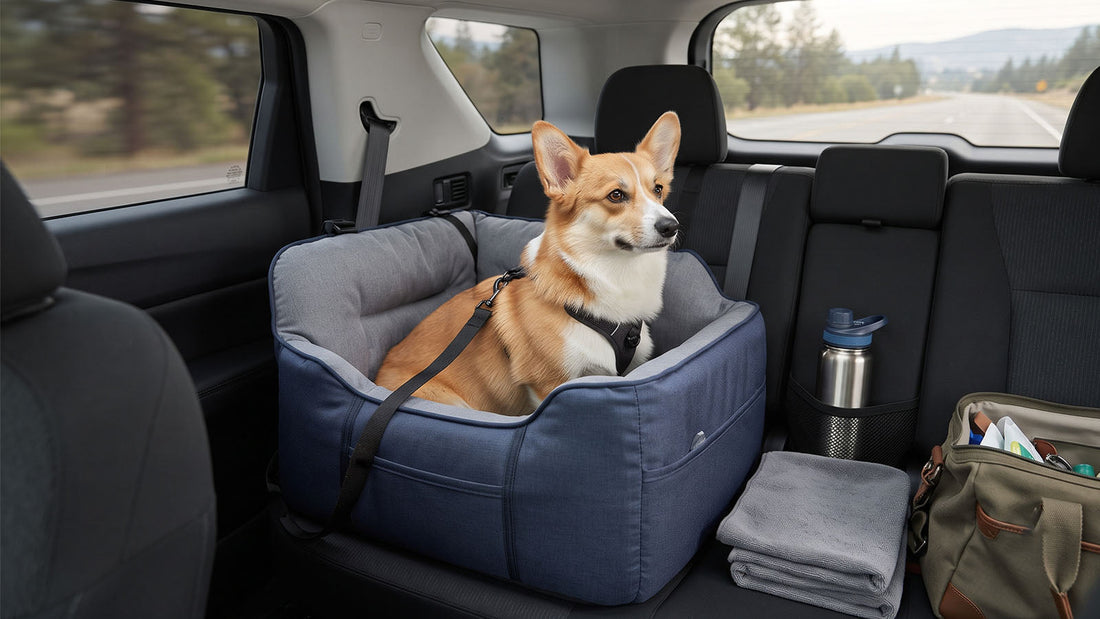 Corgi sitting safely in a dog car seat for a long trip