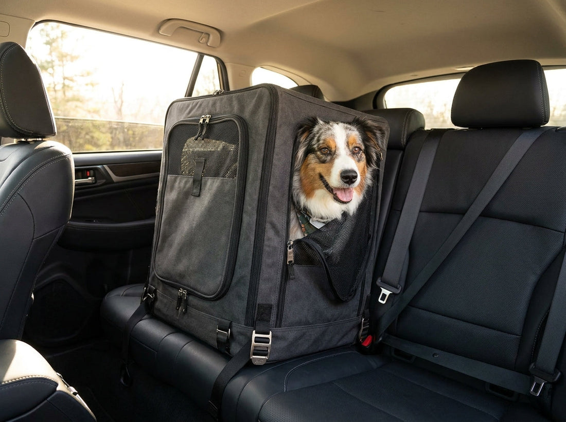 Foldable pet car crate secured with seatbelts in the backseat of a car with a relaxed dog inside.