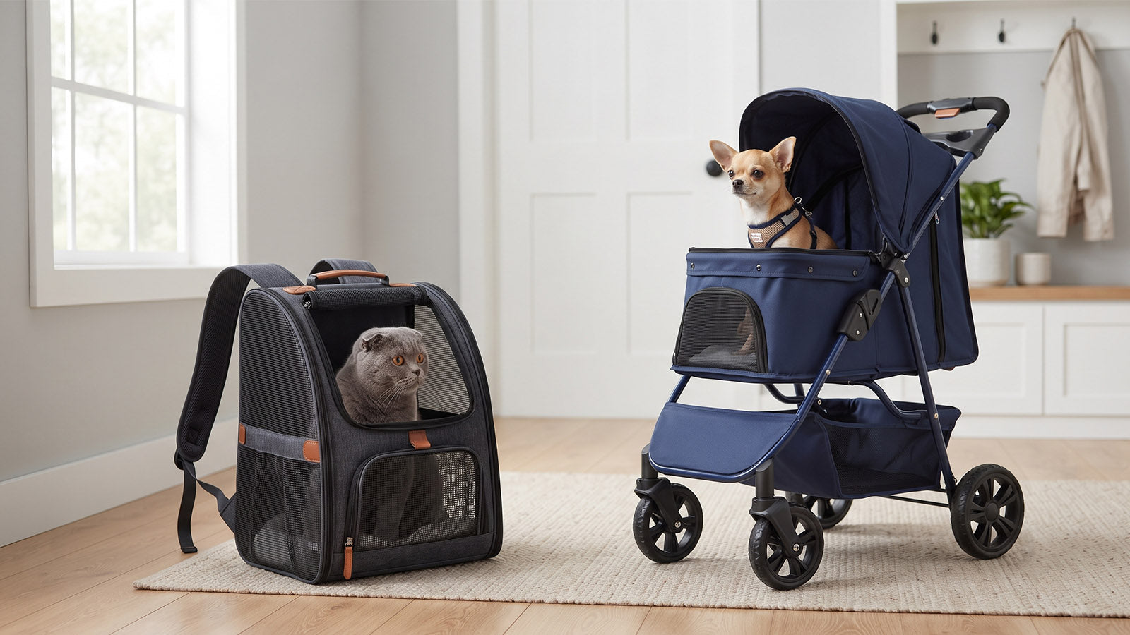 Cat carrier backpack and pet stroller for different travel styles