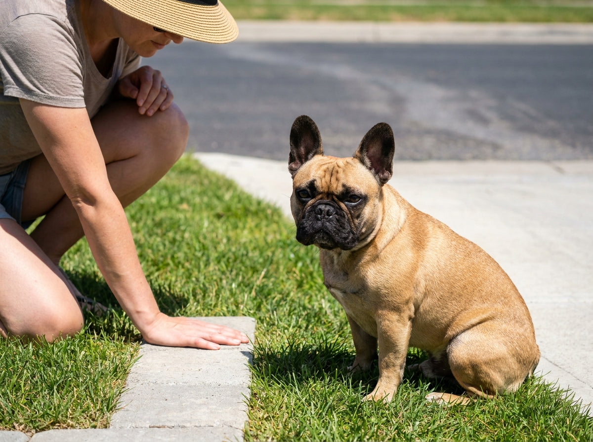 An adult French Bulldog sitting safely next to an owner testing hot asphalt on a sunny suburban sidewalk.