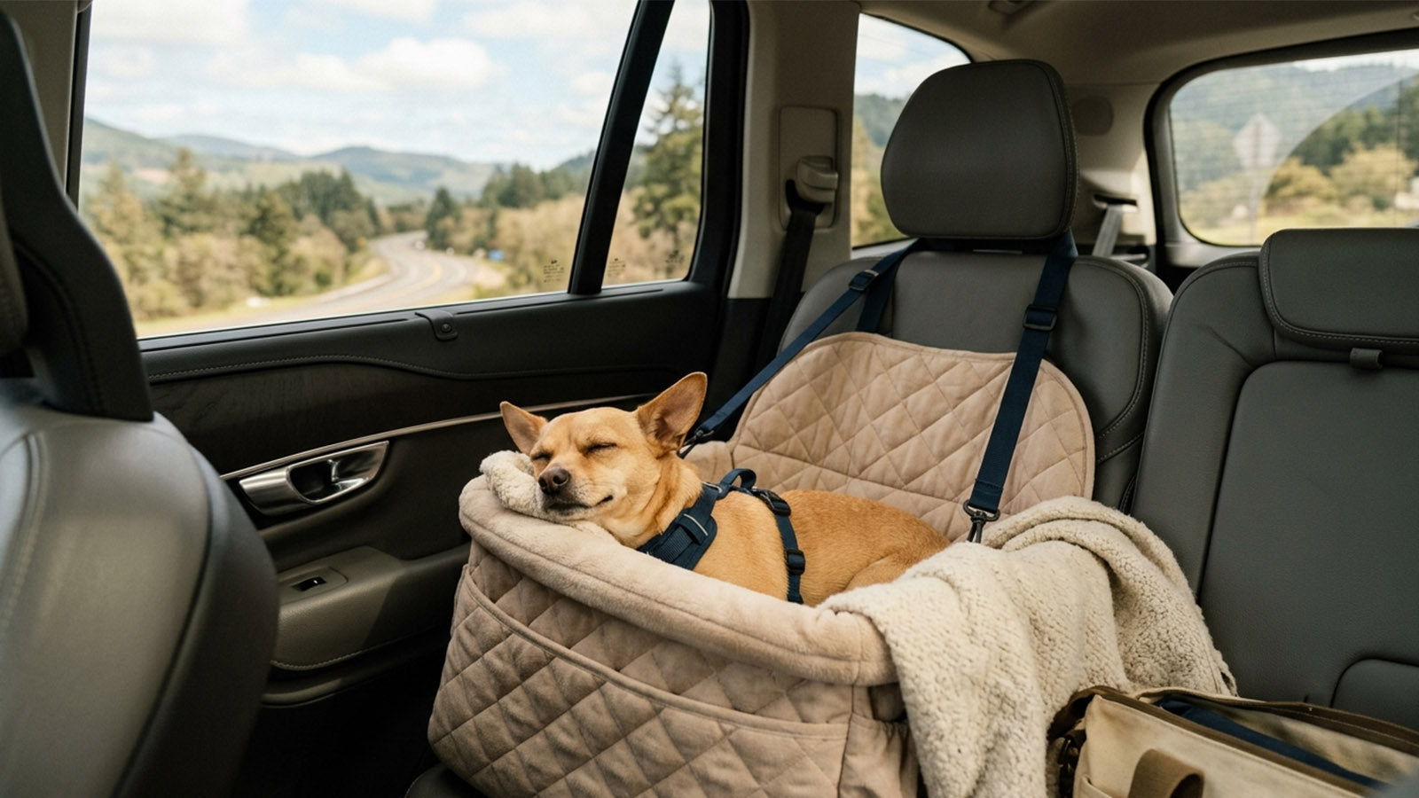 Happy small tan dog resting comfortably in a soft dog car seat during a calm long car ride