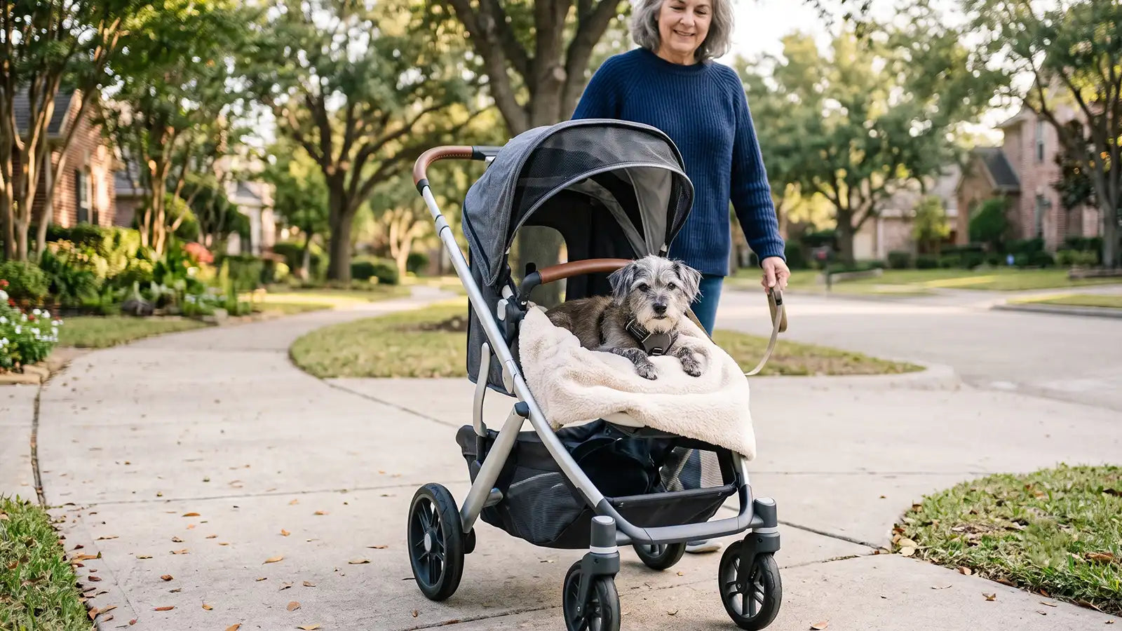 Senior dog resting comfortably in a pet stroller