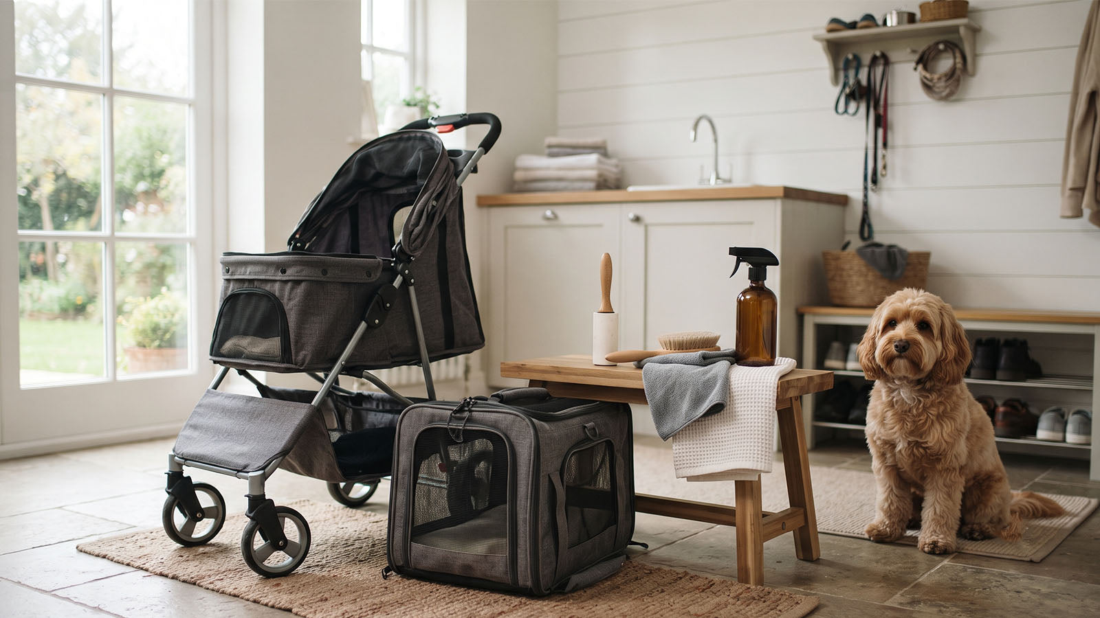 Cavapoo beside pet carrier and stroller cleaning supplies