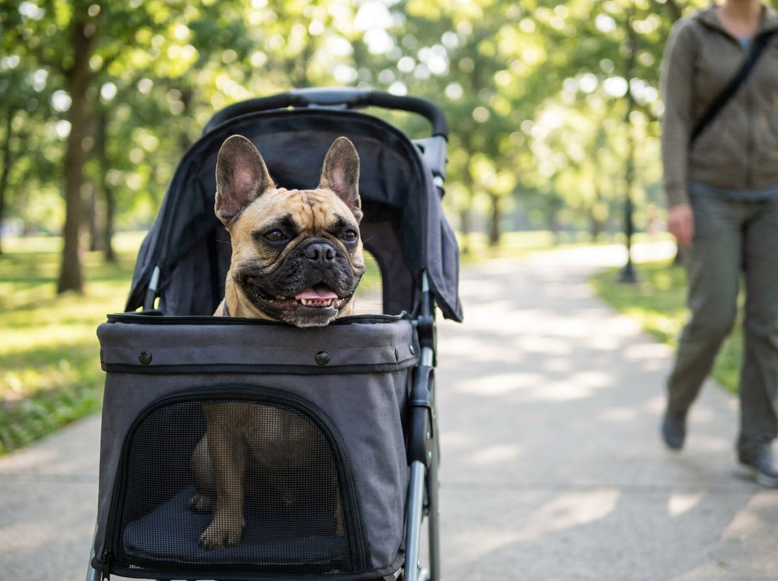 A fawn French bulldog resting comfortably inside an open mesh pet stroller on a sunny park path.