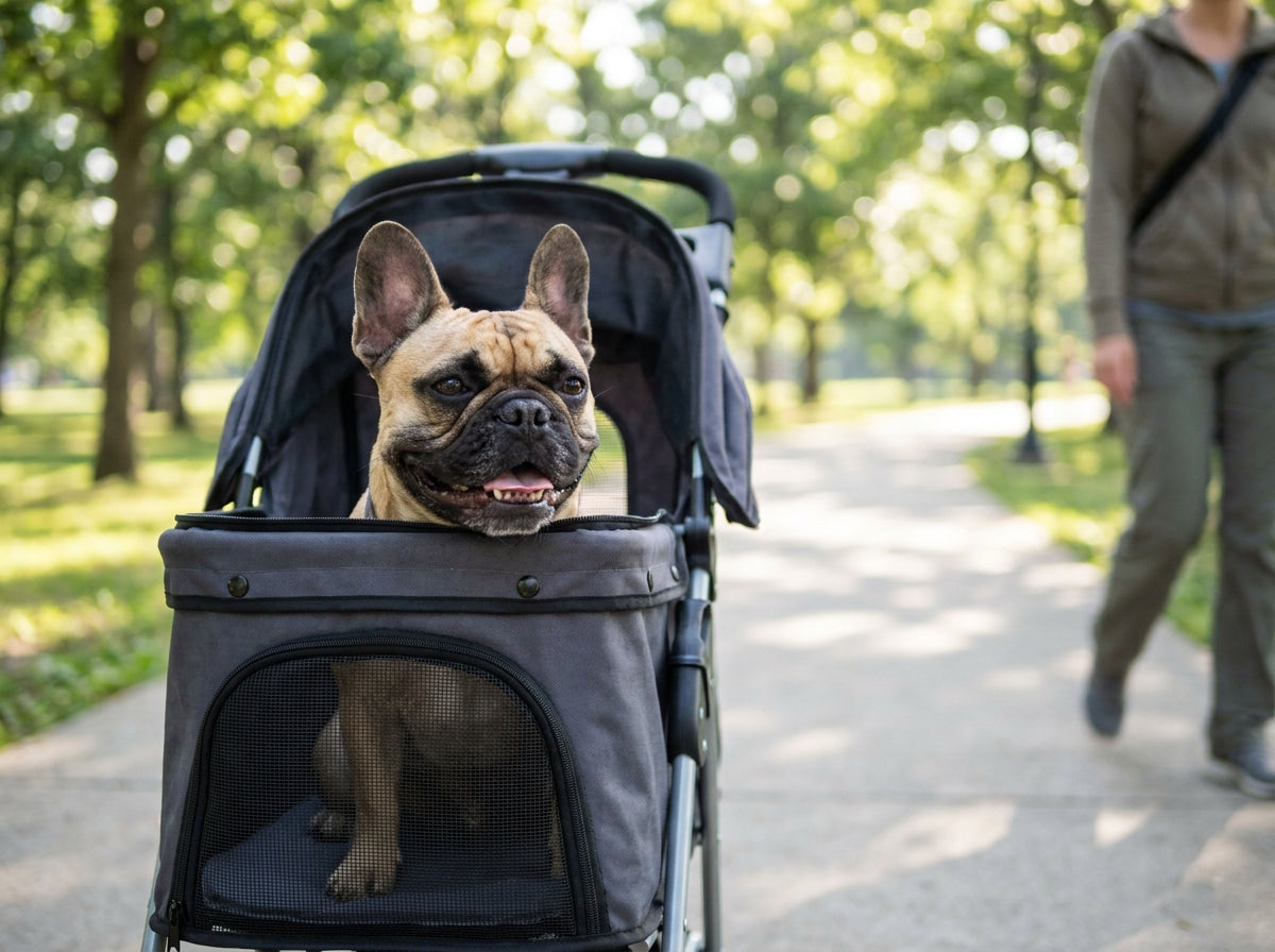 A fawn French bulldog resting comfortably inside an open mesh pet stroller on a sunny park path.