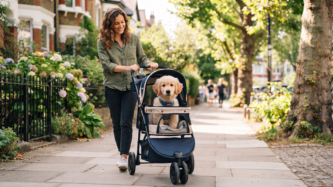 A happy small dog sitting calmly in a pet stroller on a sunny neighborhood sidewalk with its owner nearby.