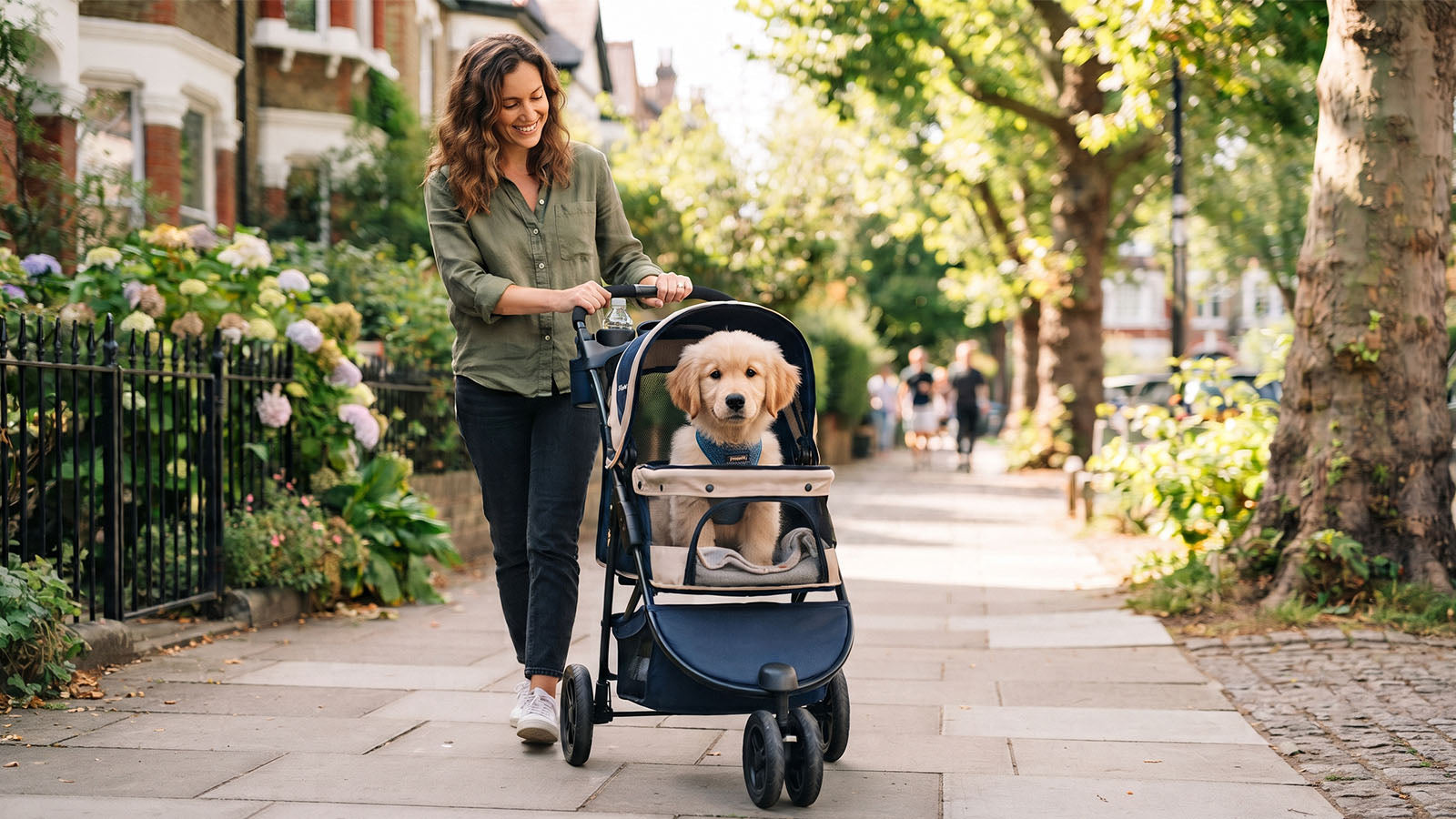 A happy small dog sitting calmly in a pet stroller on a sunny neighborhood sidewalk with its owner nearby.