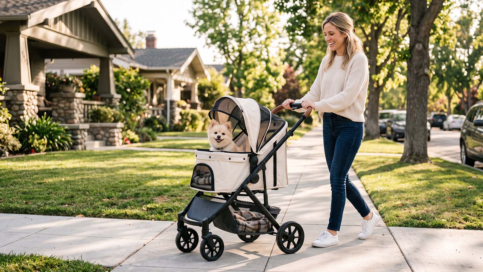 Happy small cream-colored dog riding in a pet stroller with detachable carrier during a calm neighborhood walk