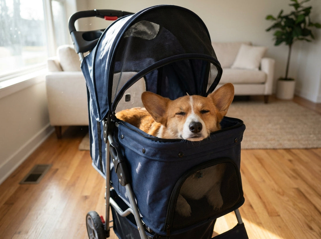 A recovering Corgi resting inside a comfortable blue pet stroller in a sunny living room.