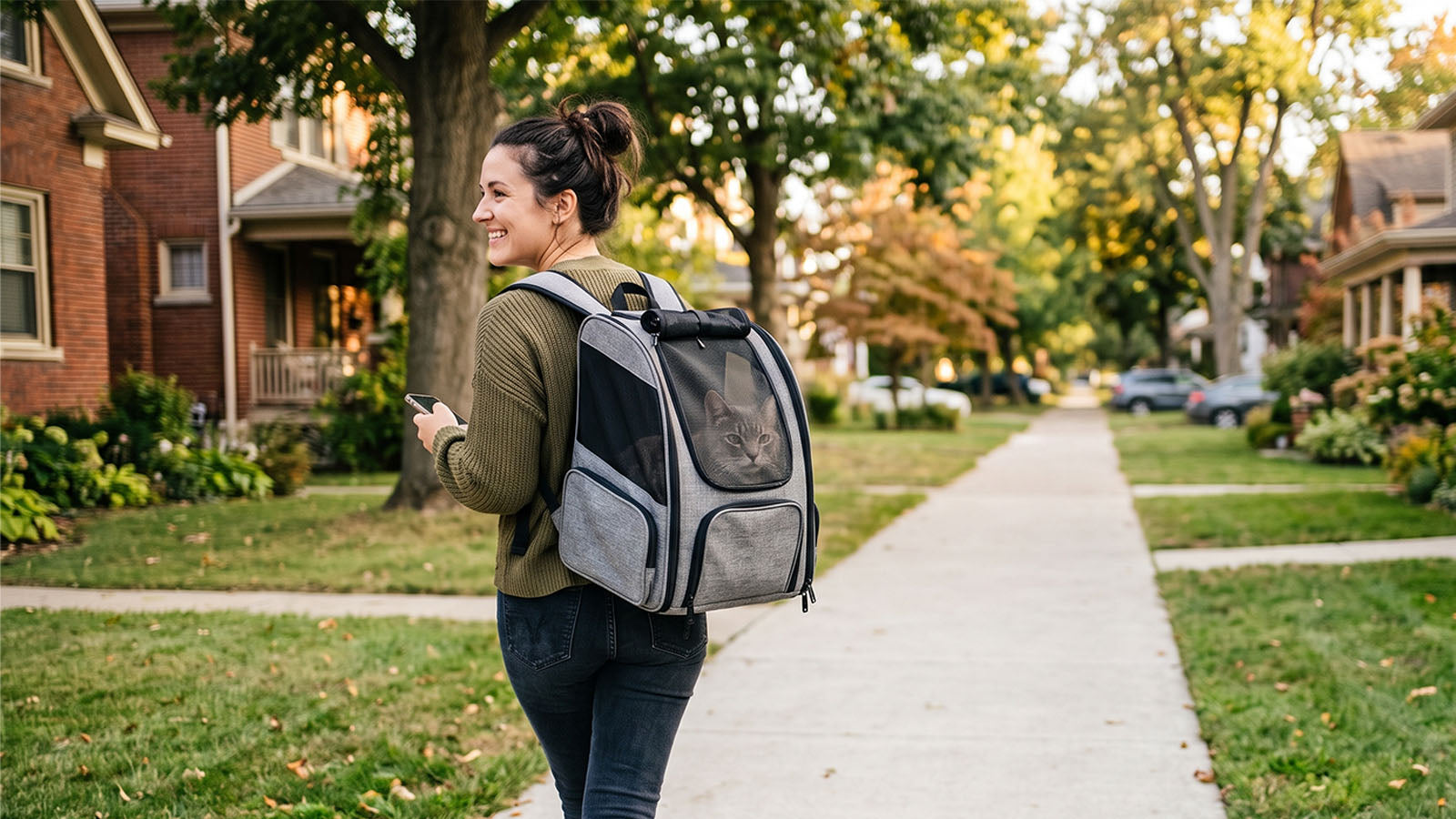Happy gray tabby cat riding comfortably in a breathable pet carrier backpack during a calm outdoor travel moment