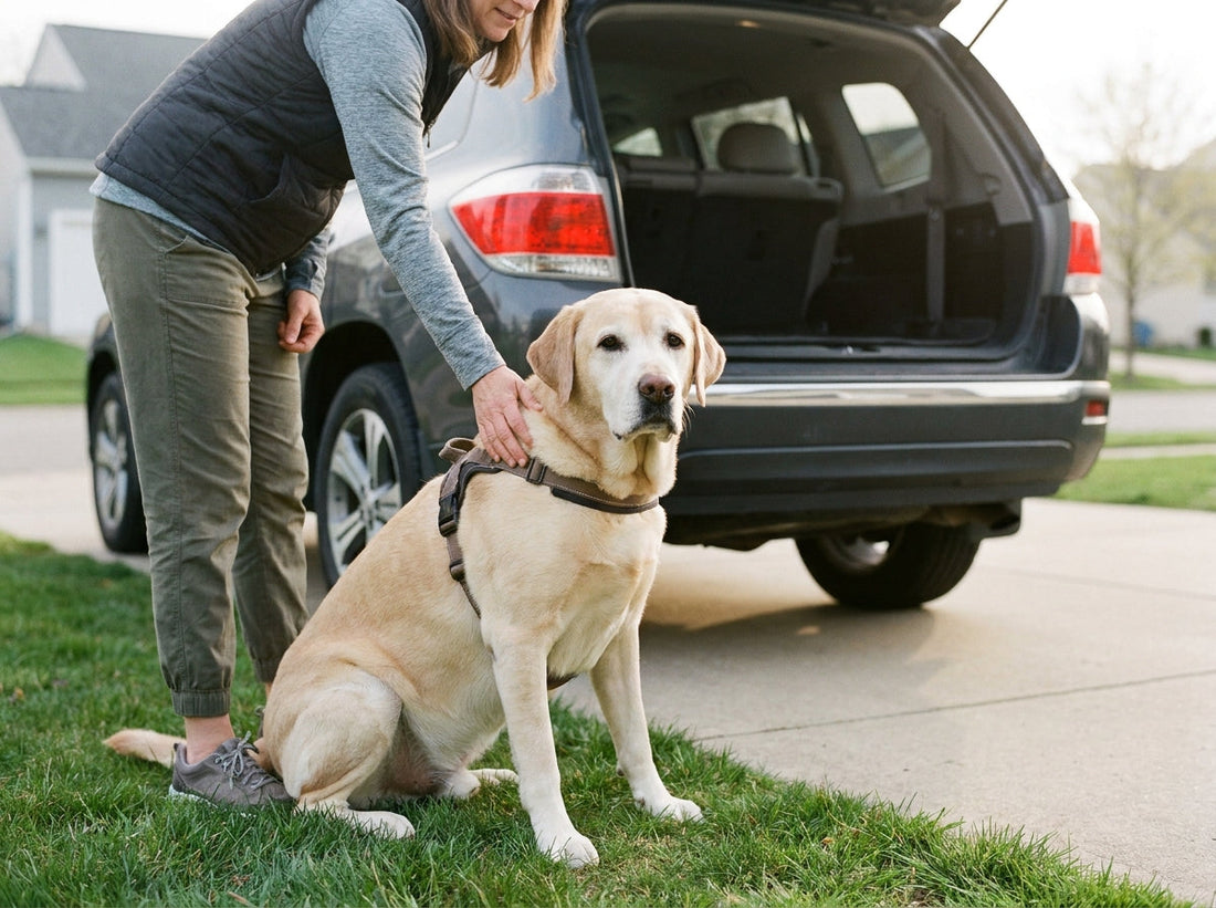 A senior Yellow Labrador Retriever with a gentle white face sitting on grass beside an open SUV tailgate.