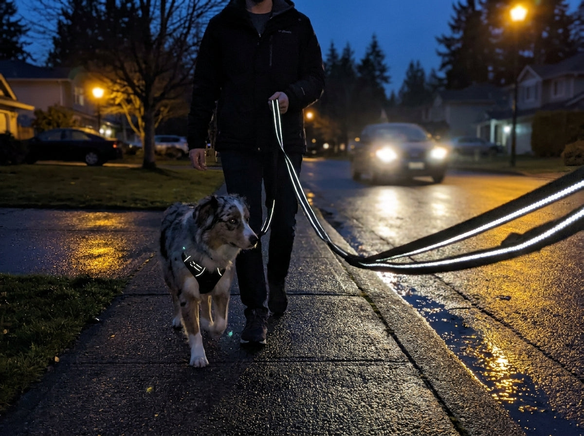 A pet owner walking a medium dog at dusk with the reflective stitching on the heavy-duty leash glowing under streetlights.
