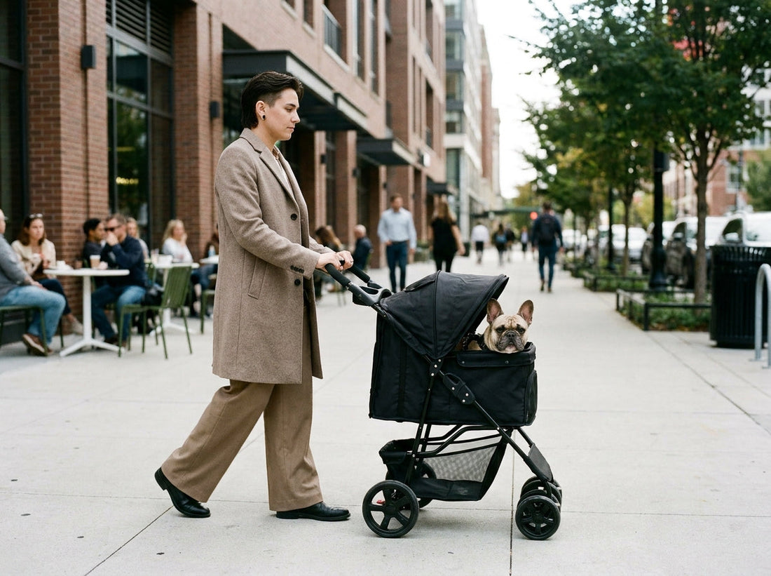 Modern pet stroller being pushed down a bustling city sidewalk past an outdoor cafe with a small dog inside.