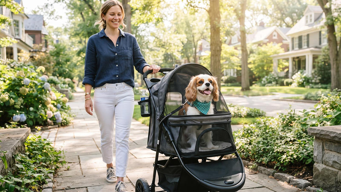A happy small dog riding in a pet stroller on a sunny neighborhood path with its owner nearby.