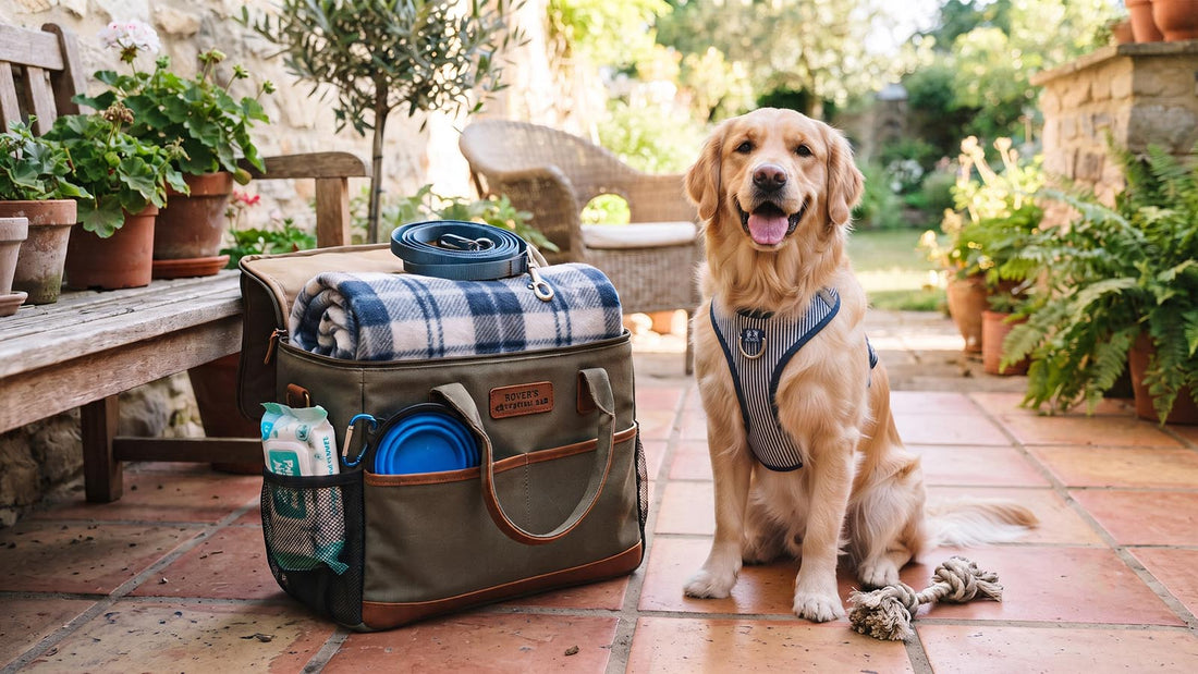 A happy small dog sitting beside a neatly packed pet day trip bag with leash, water bowl, wipes, and a blanket.