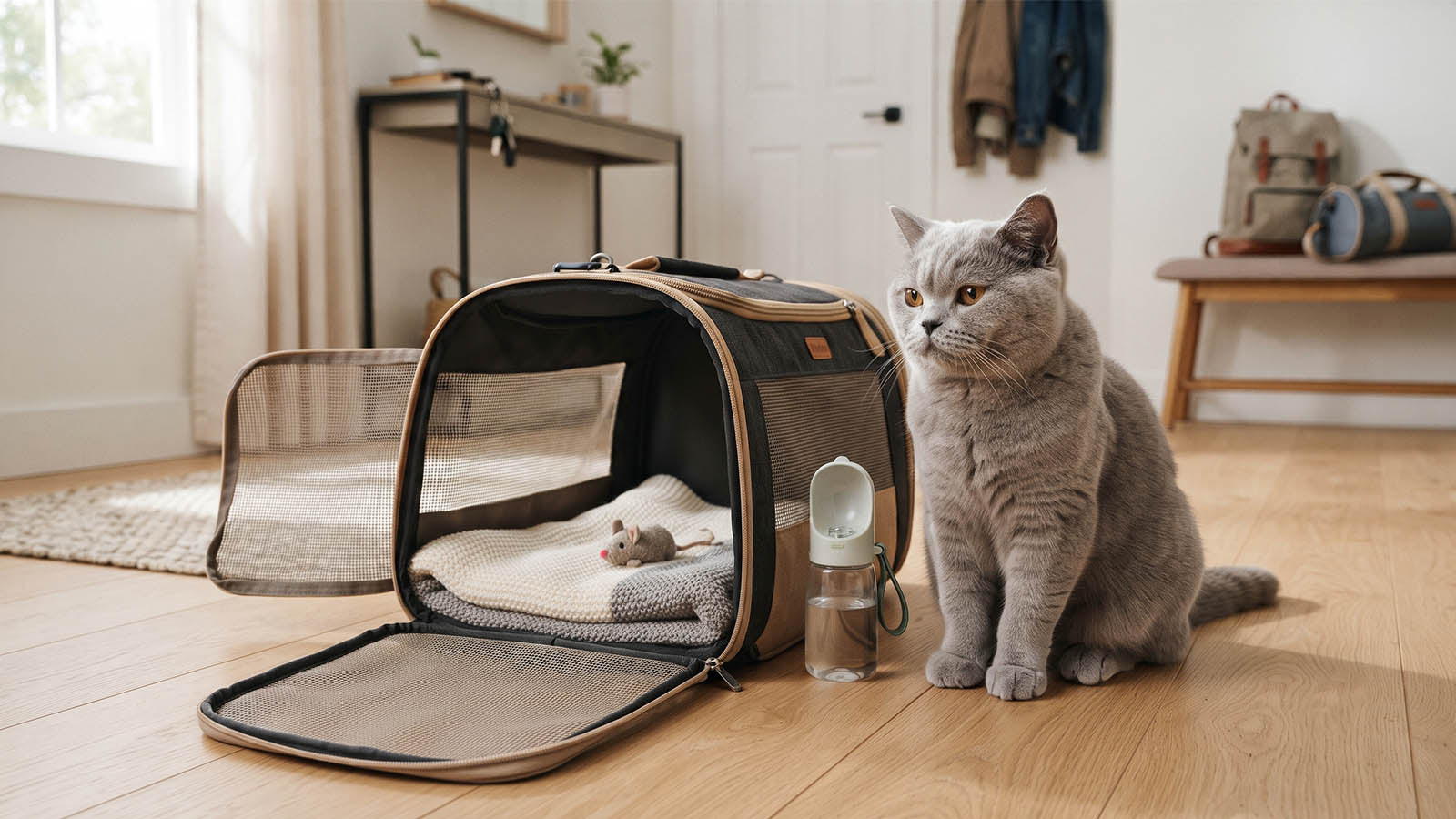 Silver British Shorthair beside a cat travel carrier