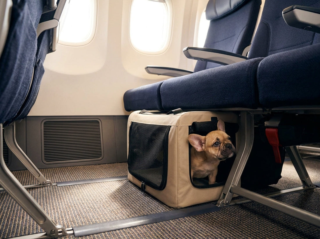 A beige soft-sided pet carrier placed securely beneath an airline passenger seat during a commercial flight.