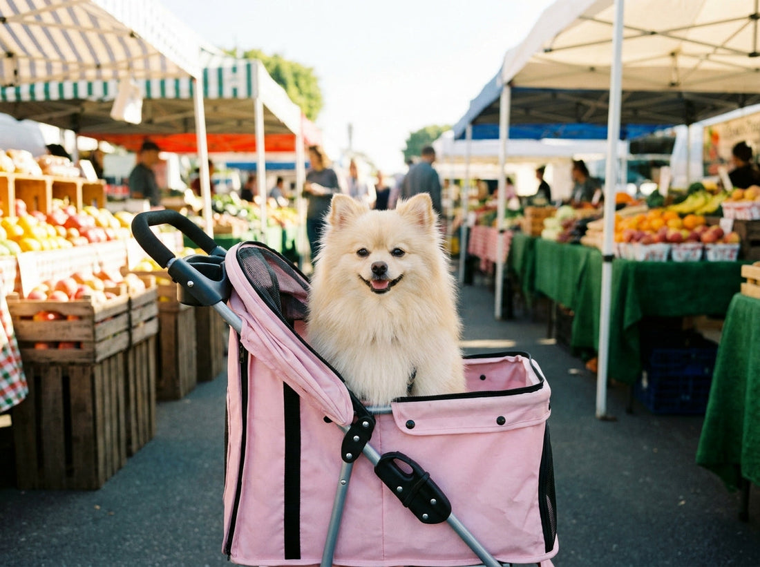 A small Pomeranian sitting safely inside a pink pet stroller at a bustling outdoor farmers market.