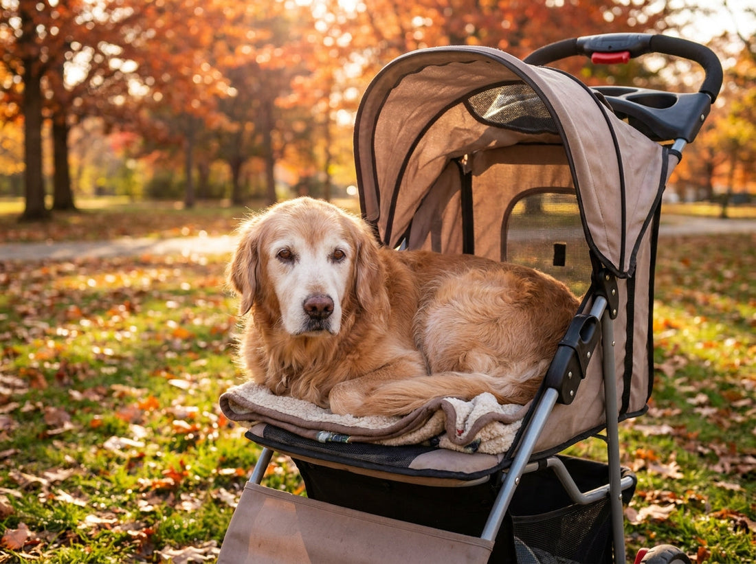 Senior Golden Retriever with a gray muzzle resting happily inside a pet stroller outdoors in a sunny park.
