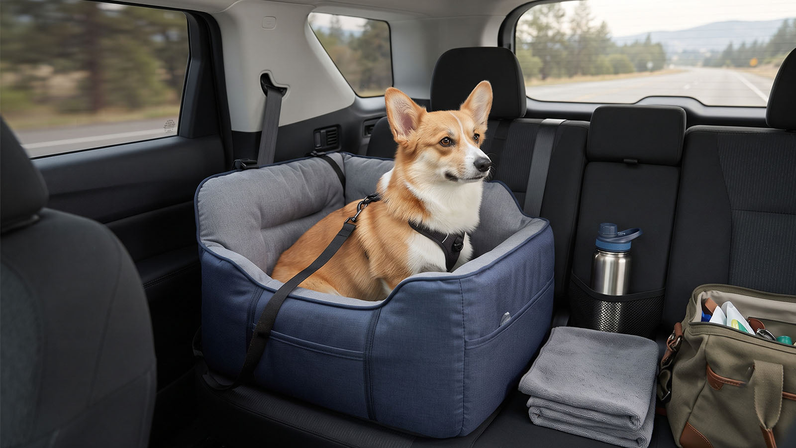 Corgi sitting safely in a dog car seat for a long trip