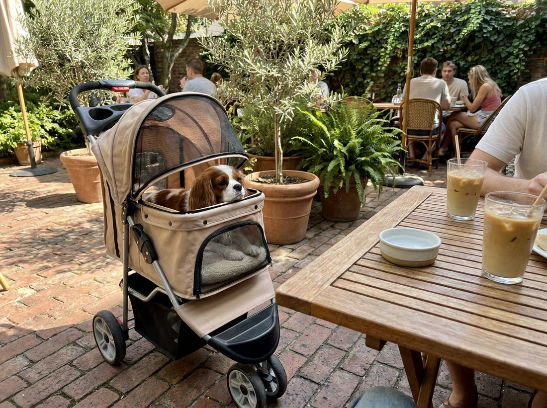 A beige 4-wheel pet stroller parked neatly beside a patio cafe table with a calm Cavalier King Charles Spaniel inside.