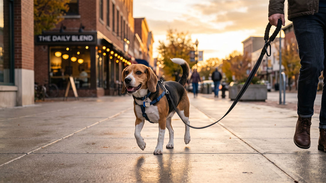 A happy beagle walking on a reflective dog leash with a padded handle during a calm golden-hour city walk.