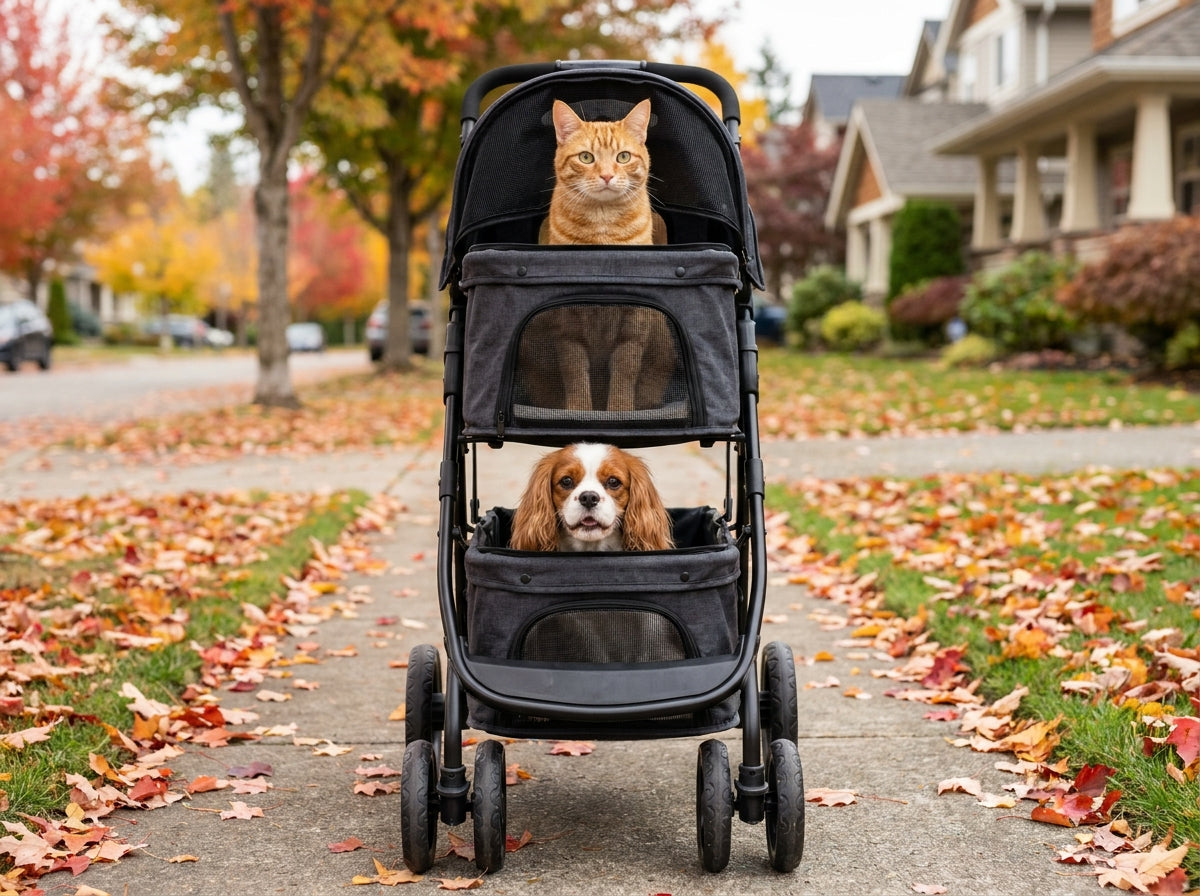An alert ginger tabby cat and a small Cavalier King Charles Spaniel riding in a double-decker pet stroller on a suburban sidewalk.