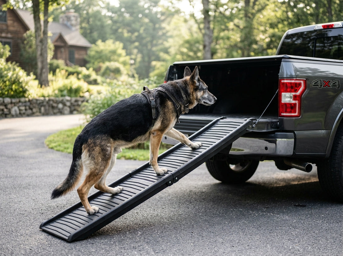 Senior German Shepherd walking steadily up a 71-inch black foldable dog ramp into the tailgate of a Ford F-150 truck.