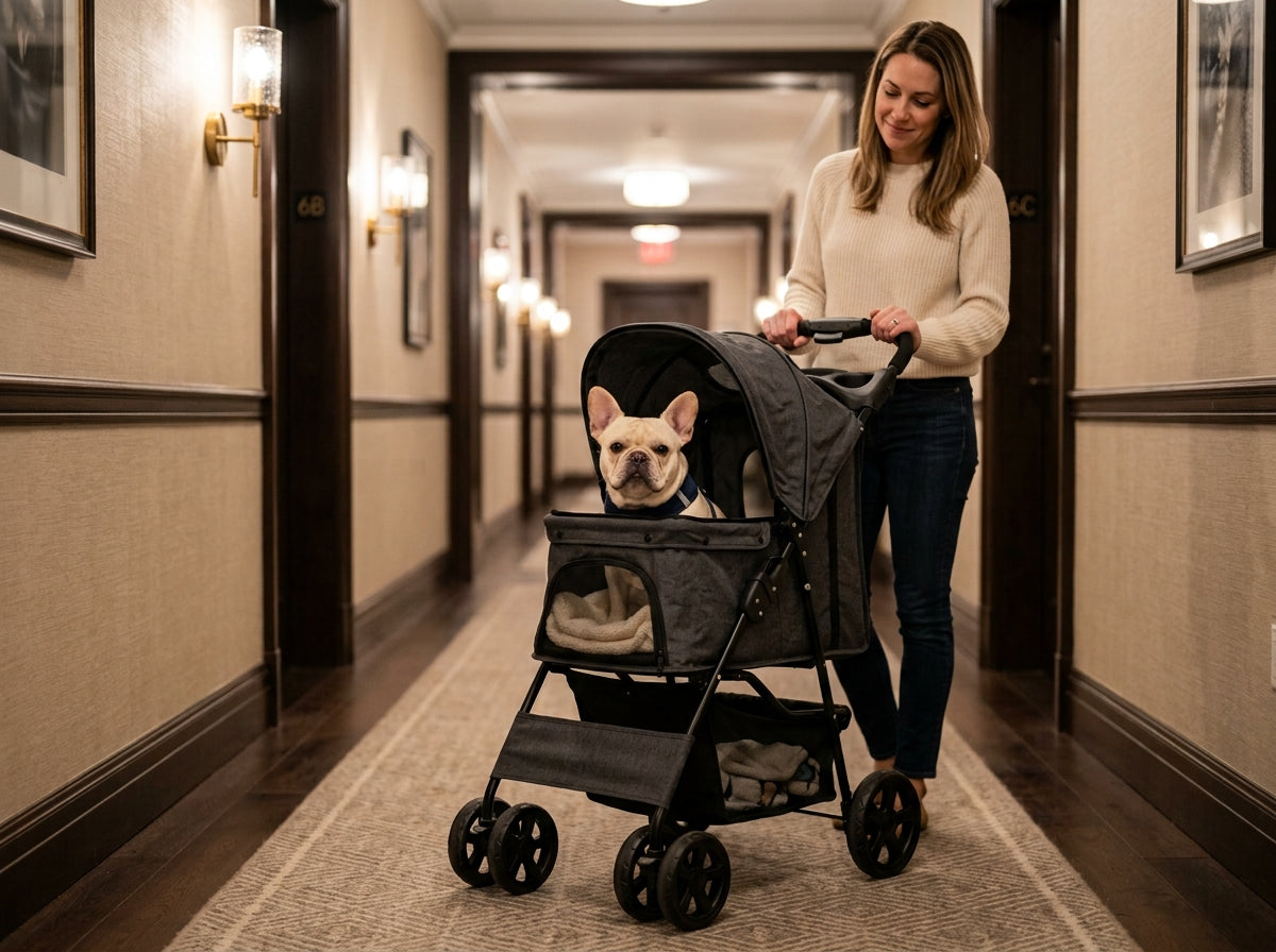 French Bulldog sitting calmly inside a sleek 4-wheel pet stroller in a modern apartment hallway corridor.