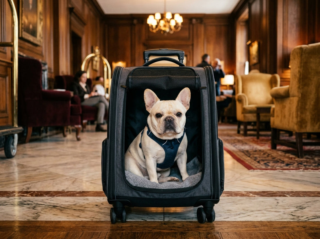 Cute French Bulldog resting calmly inside a dark grey wheeled pet backpack on a marble hotel lobby floor.
