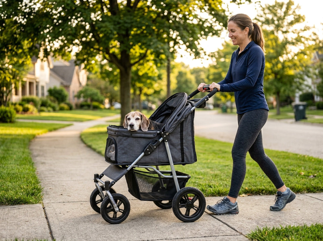 Senior Beagle resting comfortably inside a shock-absorbing 4-wheel pet stroller on a suburban sidewalk.