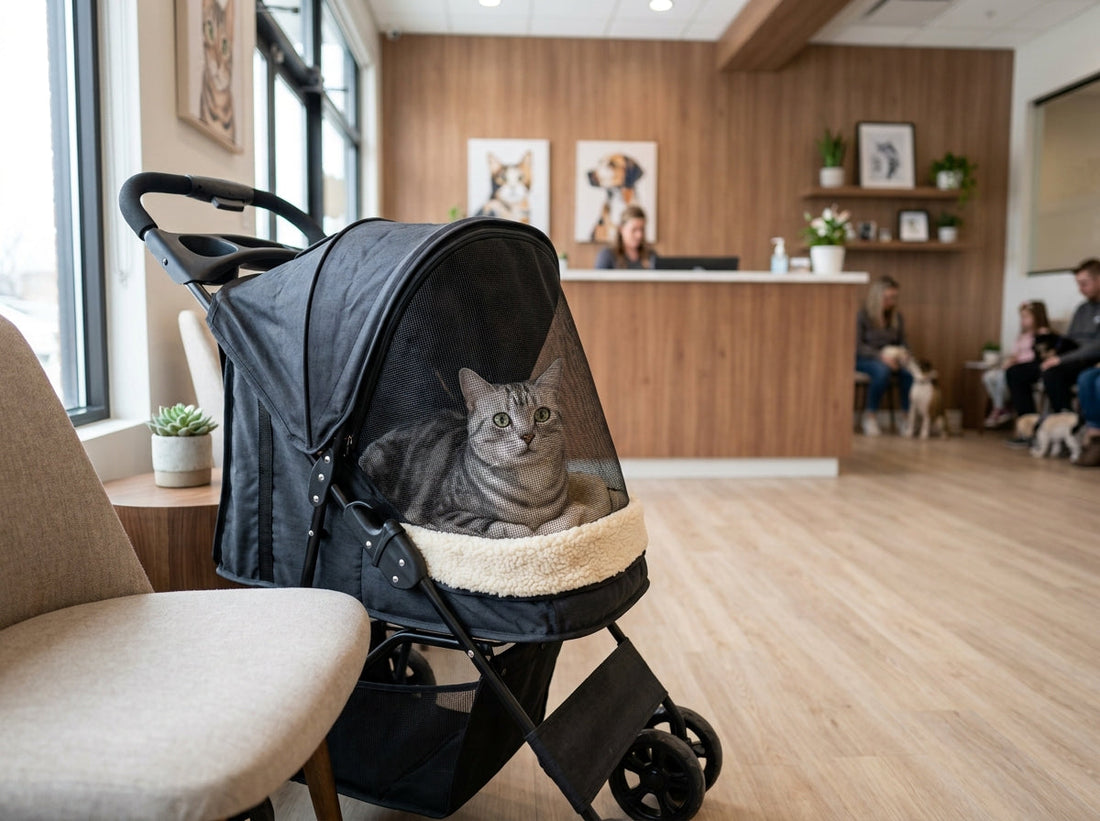 Anxious domestic shorthair cat resting safely inside an enclosed pet stroller in a veterinary waiting room.