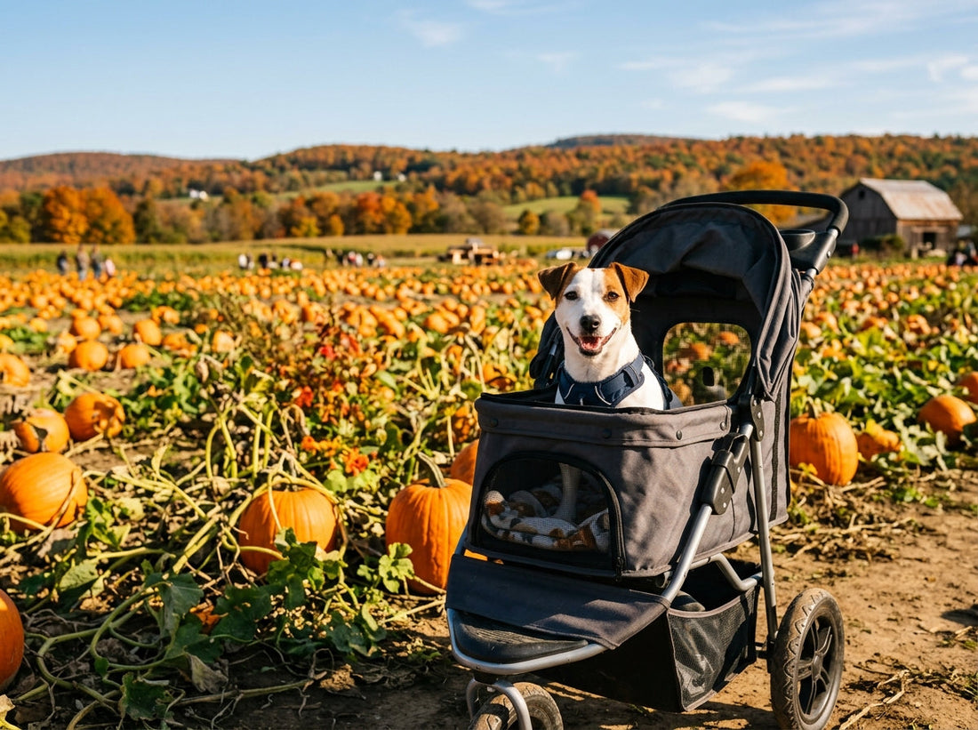 Cute Jack Russell Terrier sitting inside a dark grey 3-wheel pet stroller surrounded by bright orange pumpkins on a farm.