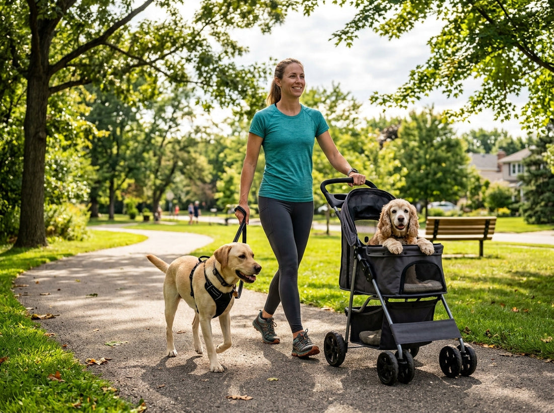 Pet owner walking a young Labrador on a leash while pushing an elderly Cocker Spaniel in a pet stroller.