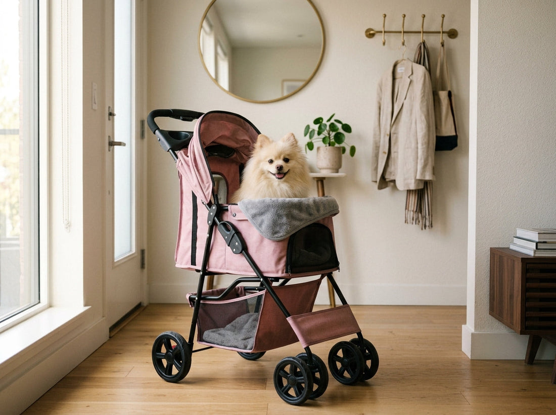 Adorable Pomeranian sitting happily inside a compact pink pet stroller in a modern urban apartment foyer.