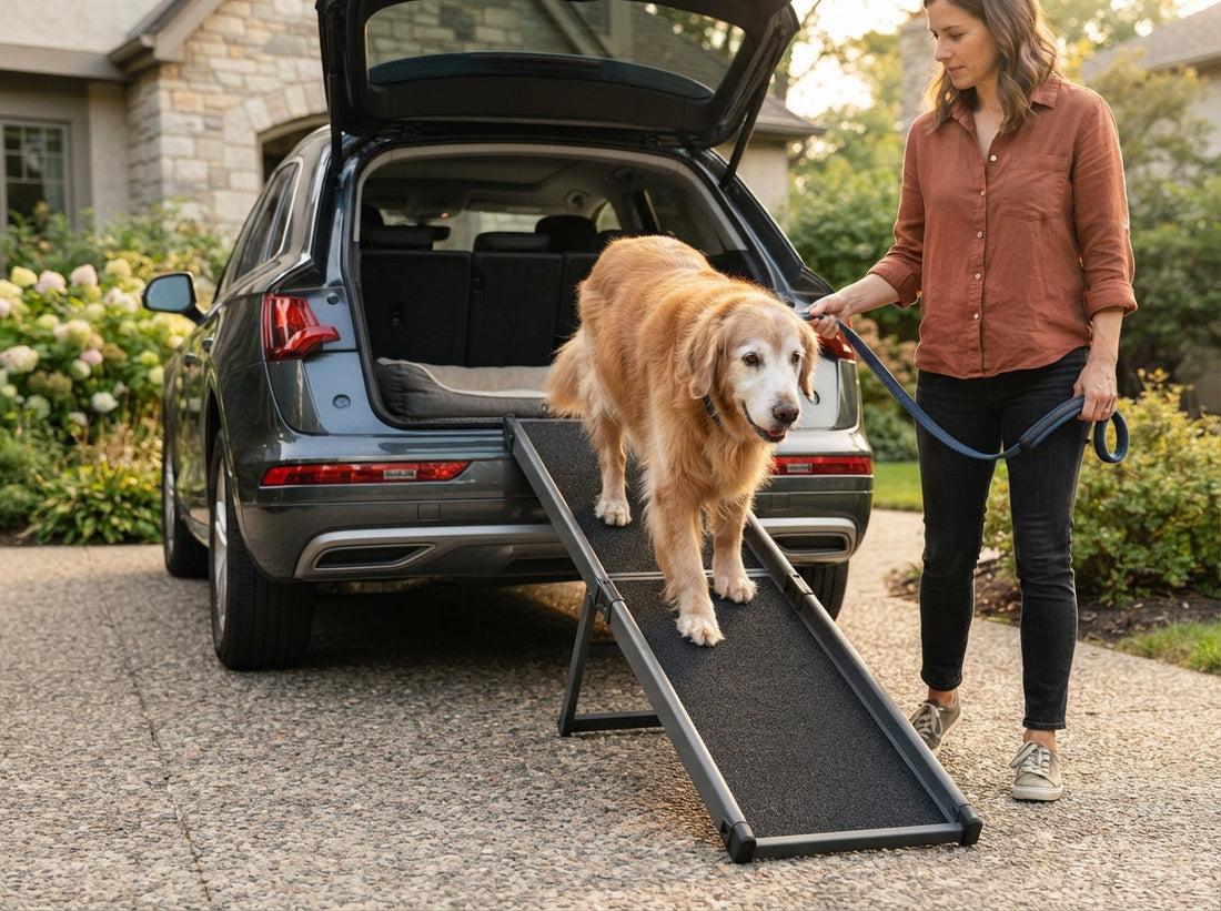 Senior Golden Retriever walking up a 71-inch foldable dog ramp into the rear trunk of a modern SUV.