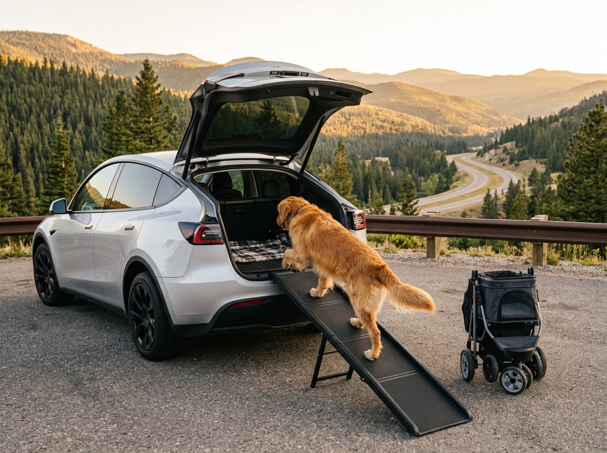 Golden retriever walking up a textured dog car ramp into an SUV trunk beside a folded pet stroller at a scenic rest area.