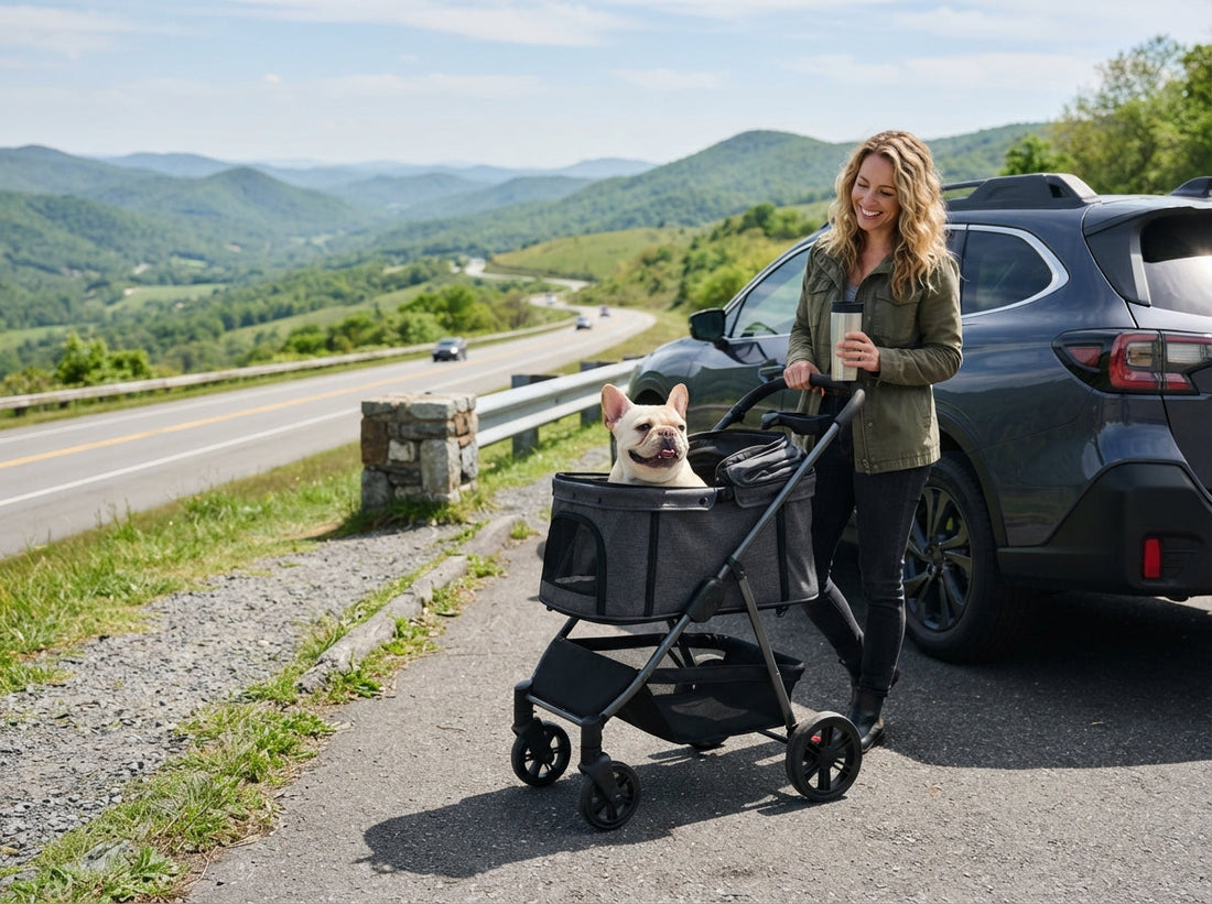 Modular pet stroller with a detachable carrier pod parked next to a packed SUV at a scenic mountain overlook.