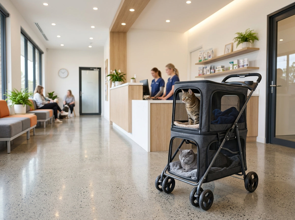 Double cat stroller with two separate mesh compartments parked in a quiet, modern vet clinic lobby.