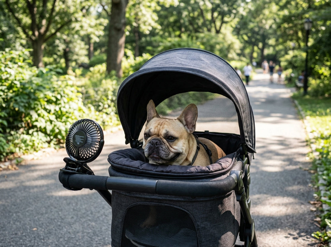 French Bulldog sitting comfortably inside an open mesh pet stroller on a sunny summer park path.