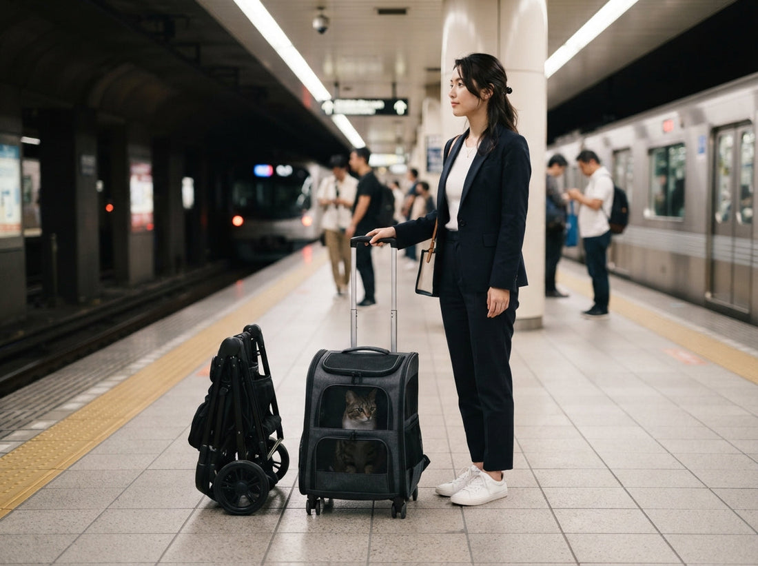 Commuter waiting on a clean modern subway train platform with a wheeled pet carrier backpack and a compact pet stroller.