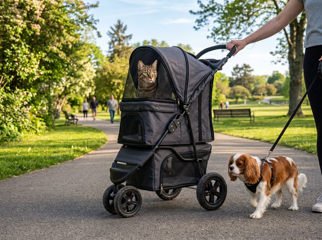 Double pet stroller carrying a tabby cat in the top compartment and a small spaniel walking on a leash alongside in a park.