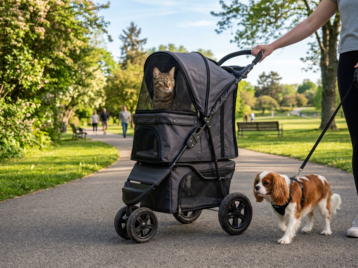 Double pet stroller carrying a tabby cat in the top compartment and a small spaniel walking on a leash alongside in a park.